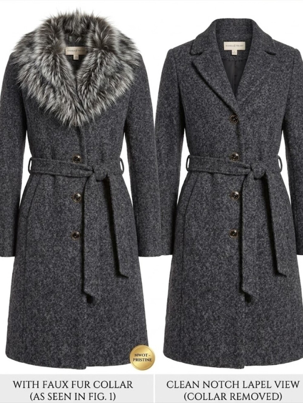 🔥 2-in-1 Wool Blend Coat Detachable Faux Fur • Gray • Sz 2. NWOT. Ivanka T